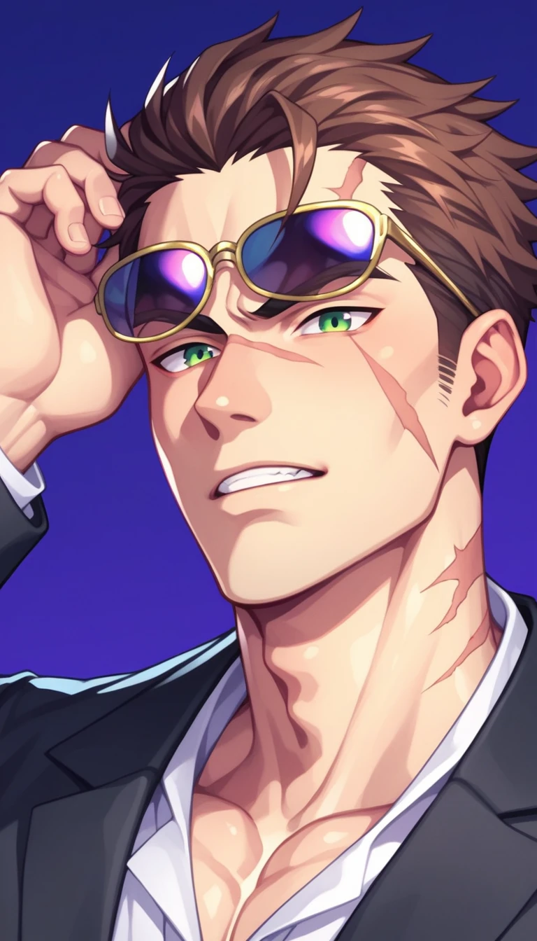 Anime Style, Yakuza, Japan Mafia, Scars on the face, Quietly angry, wild, One middle-aged man, Reddish brown hair, Green Eyes, Sharp Eyes, Frowning, Medium Hair, Calm. wise, Staggered sunglasses, Men's costume with gold dragon embroidery on black fabric, dagger, Japanese pattern background, Worldview of the Underworld, Surrealism, Expressionism, Anime Style, Cast a Shadow, Up to the waist, Film Grain, Vignetting, silhouette, 1080P, Anatomically correct