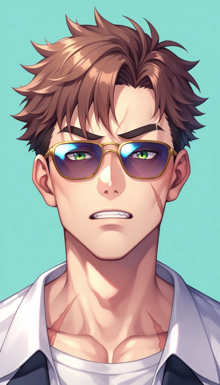 Anime Style, Yakuza, Japan Mafia, Scars on the face, Quietly angry, wild, One middle-aged man, Reddish brown hair, Green Eyes, Sharp Eyes, Frowning, Medium Hair, Calm. wise, Staggered sunglasses, Men&#39;s costume with gold dragon embroidery on black fabric, dagger, Japanese pattern background, Worldview of the Underworld, Surrealism, Expressionism, Anime Style, Cast a Shadow, Up to the waist, Film Grain, Vignetting, silhouette, 1080P, Anatomically correct