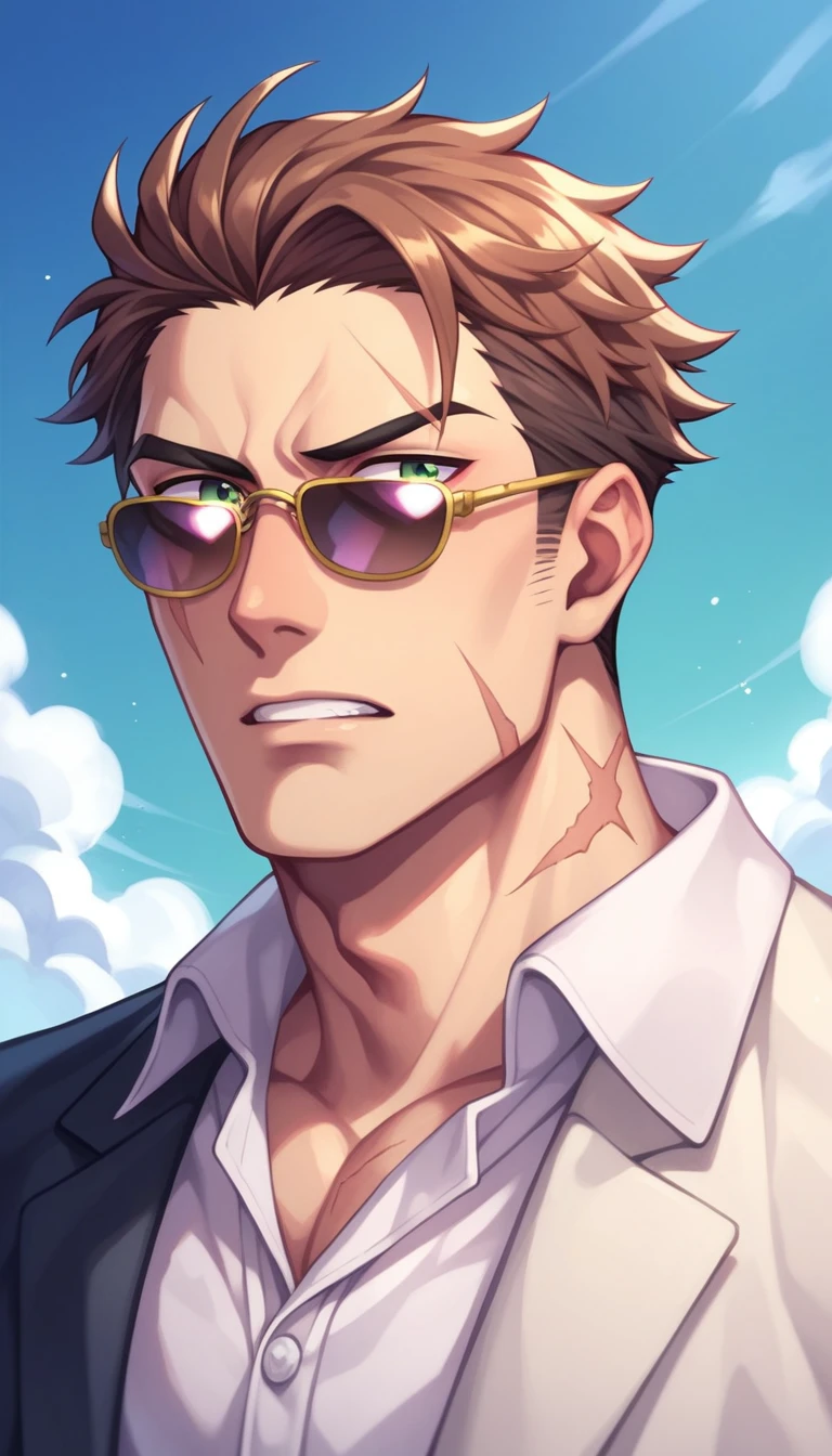 Anime Style, Yakuza, Japan Mafia, Scars on the face, Quietly angry, wild, One middle-aged man, Reddish brown hair, Green Eyes, Sharp Eyes, Frowning, Medium Hair, Calm. wise, Staggered sunglasses, Men's costume with gold dragon embroidery on black fabric, dagger, Japanese pattern background, Worldview of the Underworld, Surrealism, Expressionism, Anime Style, Cast a Shadow, Up to the waist, Film Grain, Vignetting, silhouette, 1080P, Anatomically correct