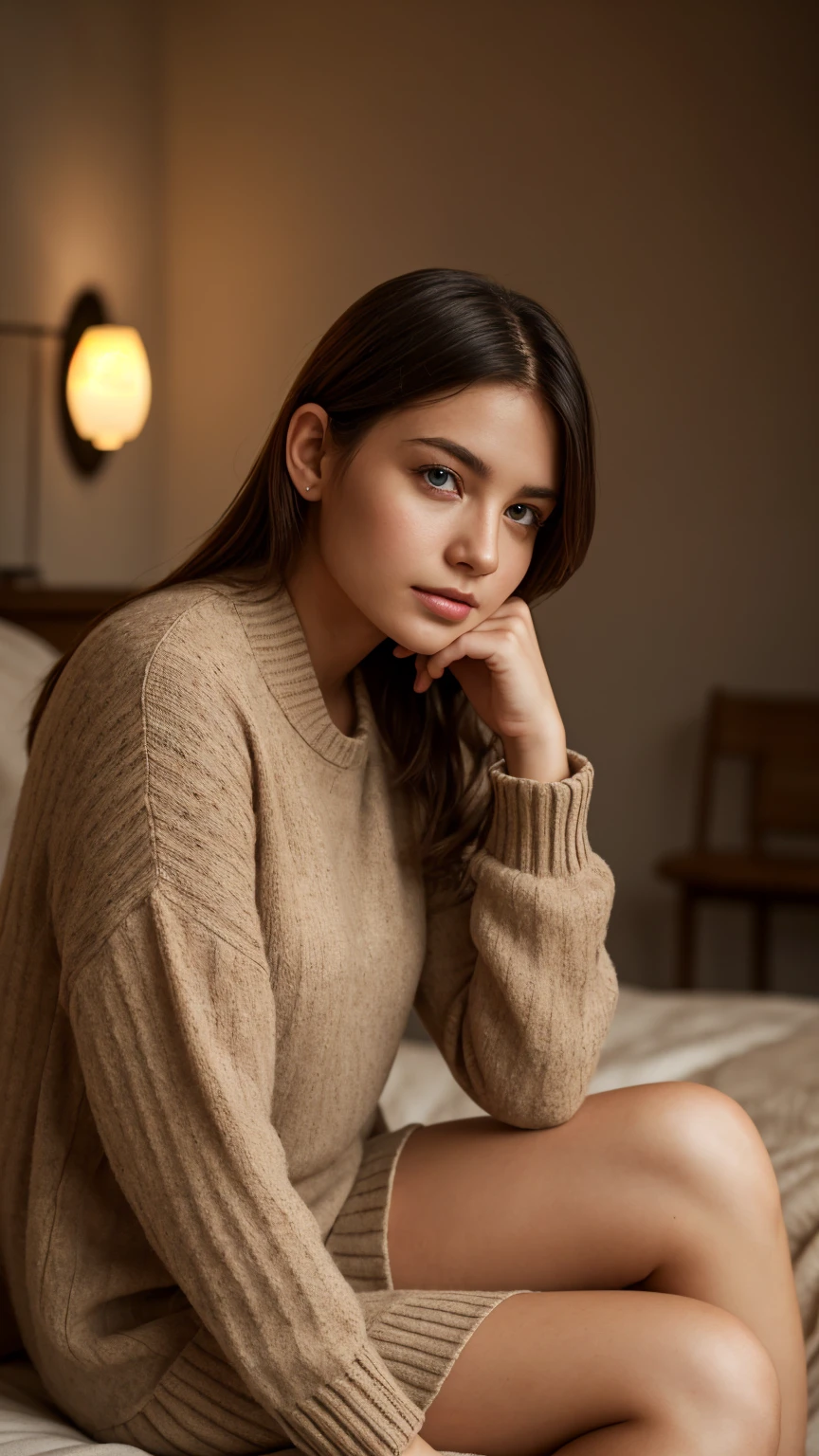 A person looking thoughtful in a cozy room, soft lighting, UHD, realistic.