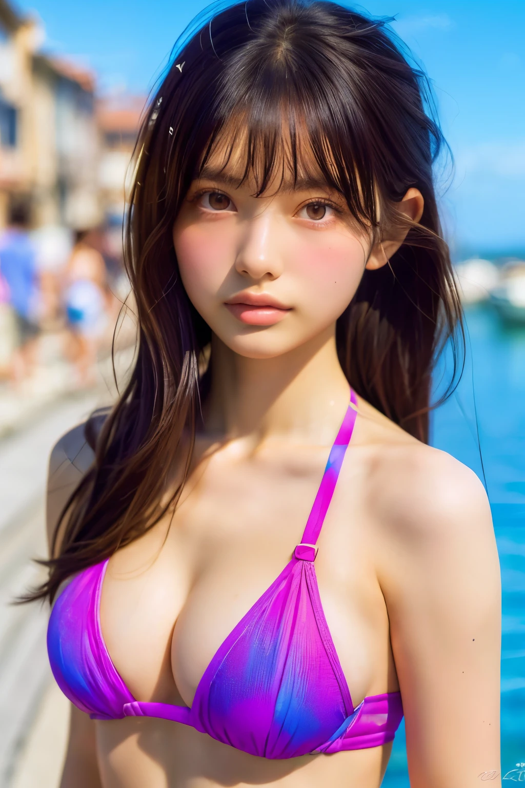 masterpiece, best quality, ultra-detailed, extremely detailed, 4K, 8K, best quality, perfect anatomy, full body, very dark silhouette of a lady, only back light, (((short neck))), vivid contrast, vibrant colors, pink hair, long hair, 1girl , looking at viewer, long eyelashes, multicolored hair , on the top on head, streaked hair, long hair, twintails, pink eyes, eyes shadow , lips, day, {mole under the eye} , (coast), blue summer sky, ((strong summer sunlight)),happy , sprawl, high definition, high qualitymasterpiece, best quality, (((busty breasts 1.9)))、(micro bikini 1.4)、Seductive pose、