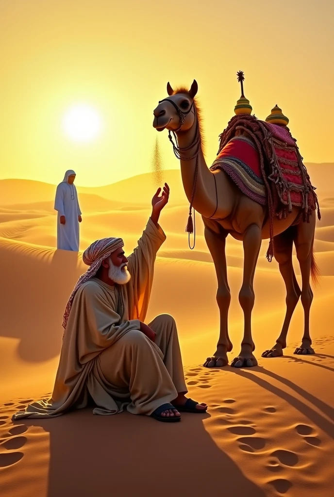 masterpiece, Realistic representation, Outside, old arab man He wears desert clothes, assis sur un sable avec a camel, tenant une poignée de sable à la main, the wind carries it away, a blue man, a camel, a friend of the camel, des affaires sur le chameau, une douce lumière jaune, A sunset,