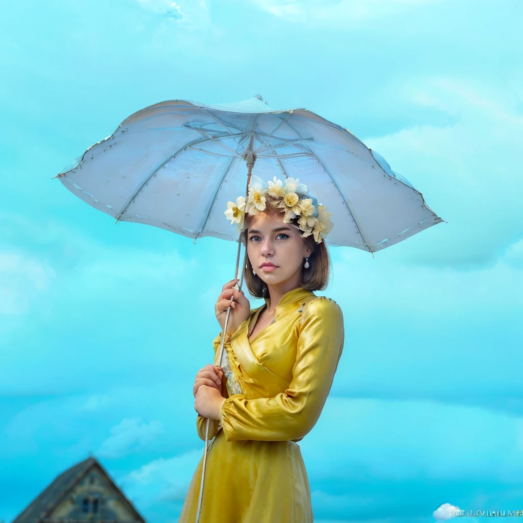(Best Quality: 1.3, Masterpiece: 1.3), Ultra HD, (1girl, solo), atmospheric perspective, detailed face, upper body, makeup, pink lips, cleft lip, shiny skin, (brown hair), short hair, Looking at In front of the audience, brown eyes, earrings, small , slim body, (white silk), yellow dress, strawhat with one red flower, handle vintage white umberlla (((((blue sky, with cloudy, beautiful background))), perfect lighting, (frontal lighting), physically based rendering,