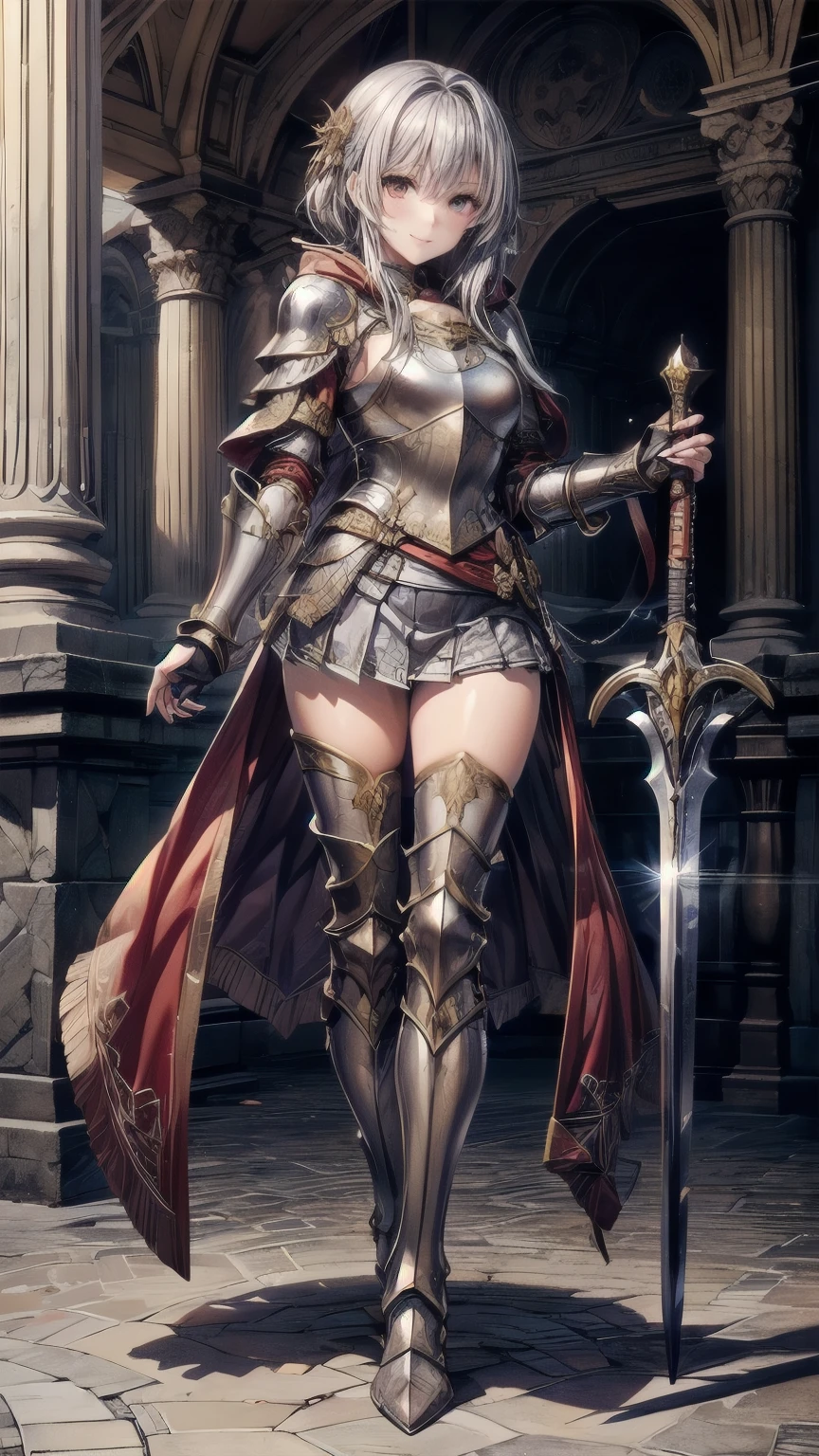 1girl,((Beautiful blue medium hair,Golden Eyes)),((A luxurious metal armor that covers the upper body,pleated micro mini skirt,Thigh-length silver metal boots,Silver metal gauntlets,A very large red cloak:1.55)),8K quality,Extremely sophisticated digital art,((With his legs spread apart, he holds a large sword in both hands.:1.7)),Perfect beautiful girl,A strong smile,(Full body up to the toes:1.21),Extremely detailed hair and face,Artistic pastel art