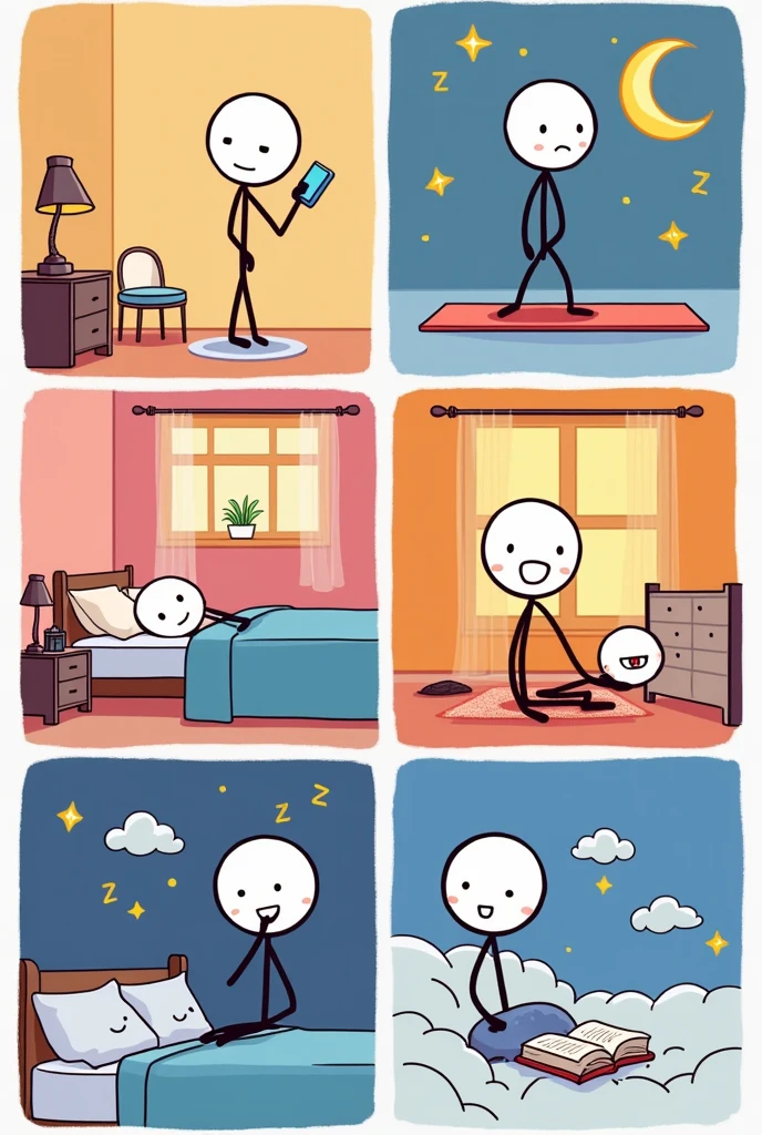 Create a stickman illustration of the steps to sleep well, illustrate like a comic with 4 image panels