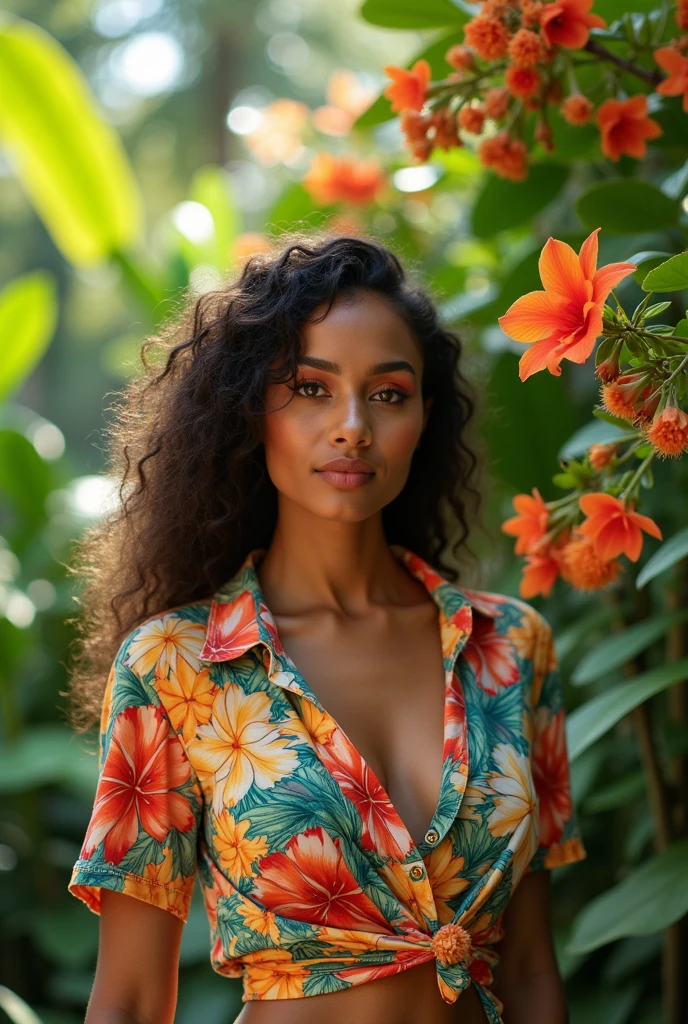 A Brazilian woman in a lush tropical garden, wearing an open shirt with a floral print, with a close-up capturing the harmonious beauty between her breasts and the natural flowers, showing off your natural charm and outgoing personality.