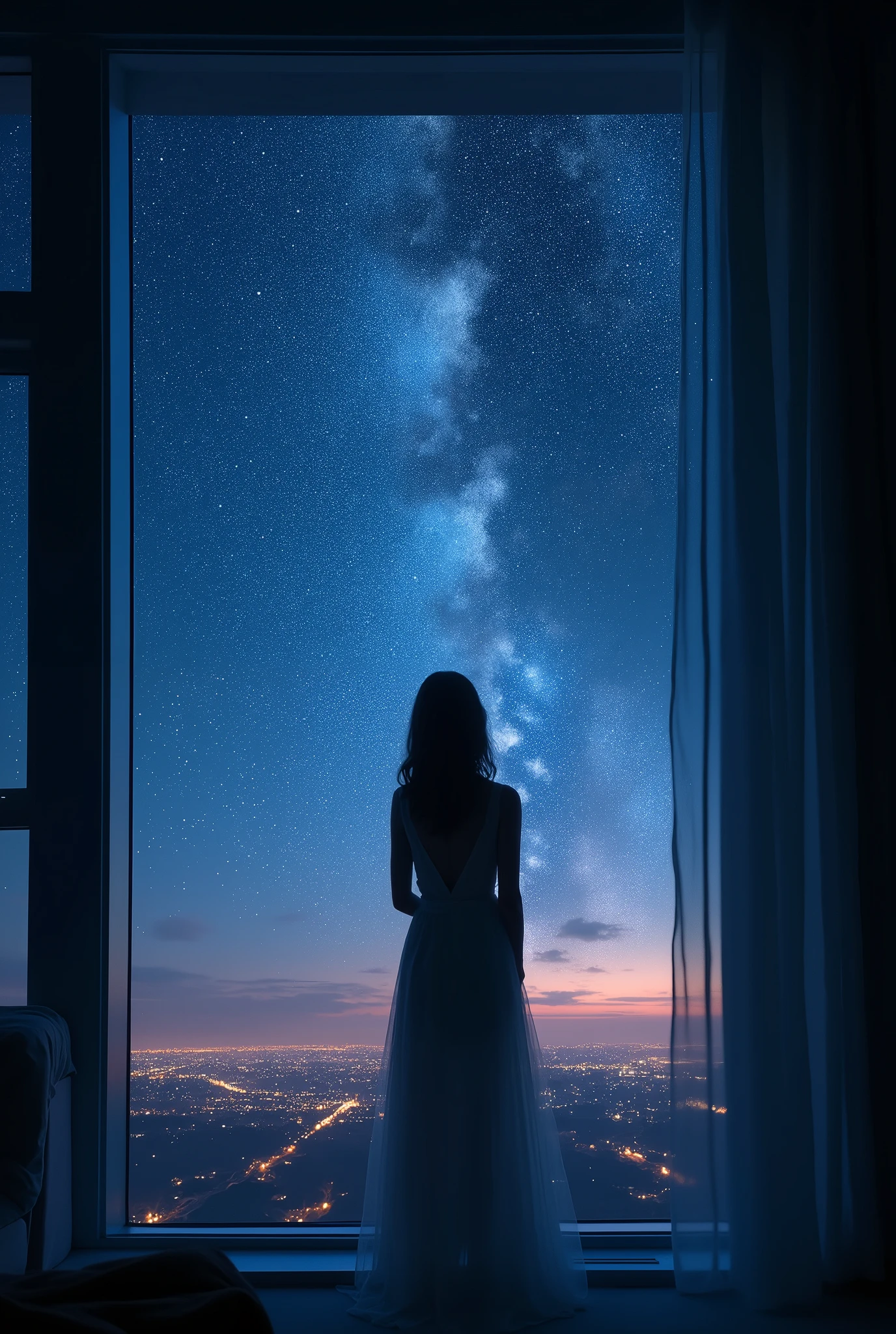 "Create an award-winning, semi-realistic image that emphasizes the breathtaking, luminous starry sky as seen through the window of a dimly lit room. The focus is on the vast expanse of stars, which shine with an almost magical luminosity, casting a soft, ethereal glow into the room. The city below is without electricity, allowing the stars to fill the sky with extraordinary clarity and brilliance, free from light pollution.
A beautiful female is visible in the foreground, her silhouette gently illuminated by the celestial light streaming through the window. Her serene gaze is directed upward, captivated by the radiant display of the night sky. The window frames the starry heavens, creating a striking contrast between the quiet, shadowed interior and the vast, awe-inspiring universe outside. The image should convey a sense of wonder and tranquility, with the magical luminosity of the stars filling the scene with an otherworldly light, creating an atmosphere of peaceful reflection and connection with the infinite."