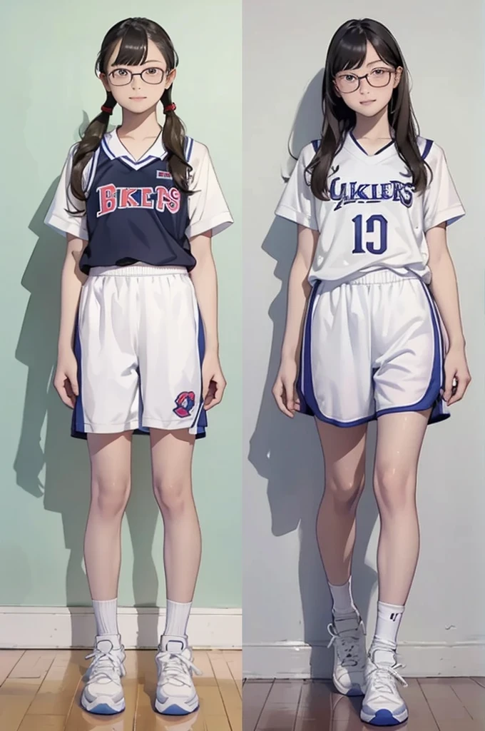 Highest quality、masterpiece、High sensitivity、High resolution、Detailed Description、Slender woman、Glasses、(((Basketball uniform:1.2)))、(Hairstyle:Twin tails)、