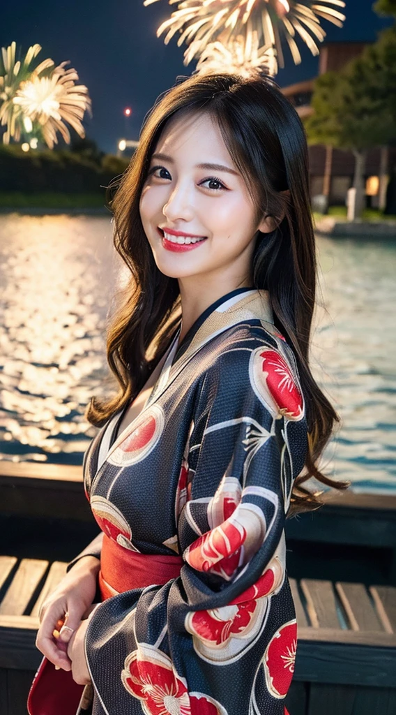 (masterpiece,best quality:1.5),(8k,raw photo,photo realistic:1.5),shiny skin,cute detailed face,detailed eyes, long black hair, (big breasts: 1.3), double eyelids, BREAK laughing, instagram photo, sexy kimono dress, night, fireworks background