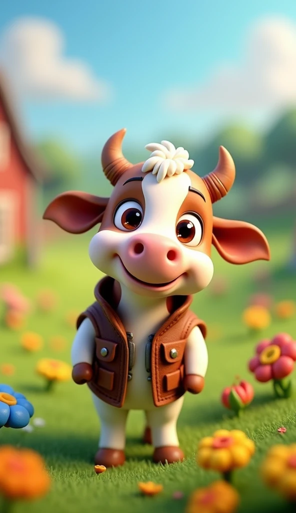 Perfect centering, Looking at the camera, a close up 2/3 of a cartoon cow wearing a leather vest, 3 d animation demo reel, 3d animation, 3 d animation, 3 d animated movie, 3d animated, 3 d animated, tv commercial, clay animation, cgi animation, cute! c4d, cute 3 d render, pixar 3 d animation style, 4 k, 3 d cartoon