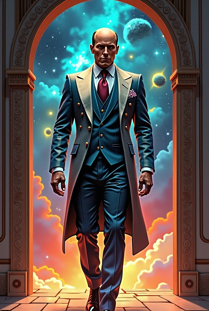 arafed image of a man in a suit standing in a doorway, in style of kyrill kotashev, inspired by Aleksandr Gerasimov, flash gordon, emperor of the known universe, 2022 movie, diamond plated superhero, movie promotional image, anton fadeev 8 k, gilgamesh, an epic anime of a energy man