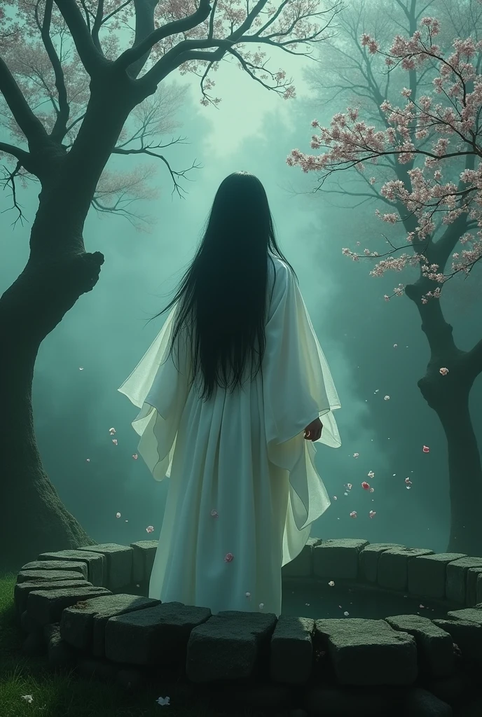 Ghost of a Japanese woman with long hair wearing a white kimono. Her face is hidden by her hair. A scary Sadako well.