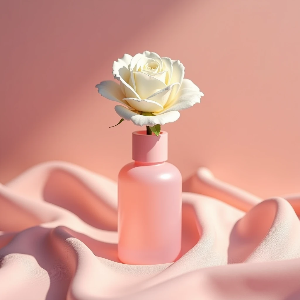 There is a pink opaque bottle,Not a big spot in the picture,Open space,There is a white rose inside,On pink cloth, Melancholy Rose Soft Light, Professional product photography, Official product images, With soft pink,