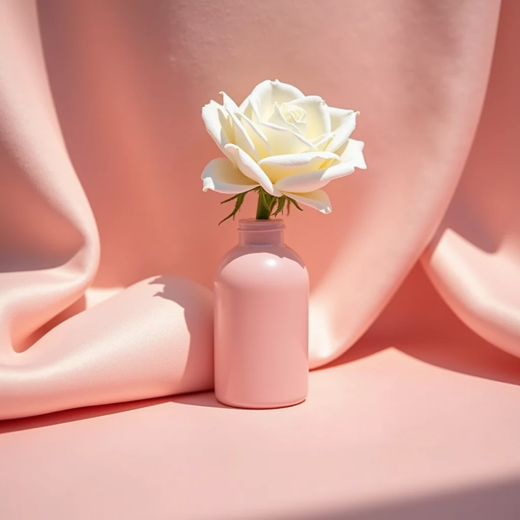 There is a pink opaque bottle,Not a big spot in the picture,Open space,There is a white rose inside,On pink cloth, Melancholy Rose Soft Light, Professional product photography, Official product images, With soft pink,