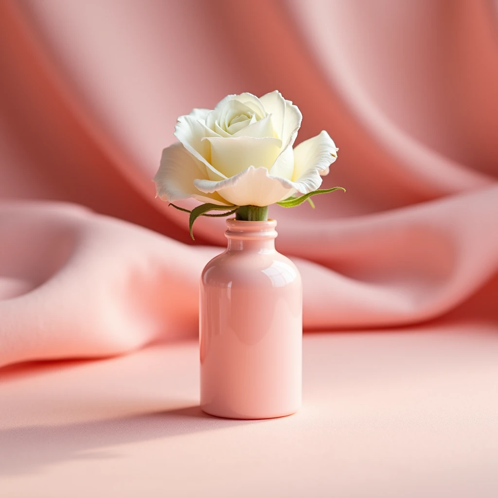 There is a pink opaque bottle,Not a big spot in the picture,Open space,There is a white rose inside,On pink cloth, Melancholy Rose Soft Light, Professional product photography, Official product images, With soft pink,