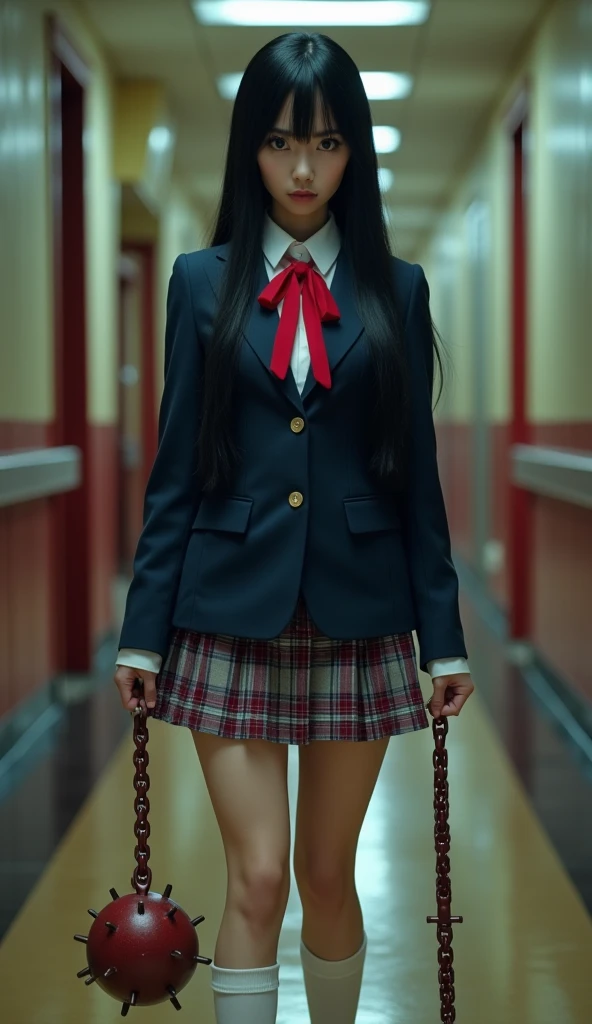 Super realistic, wide shot, 1 lady, Straight long black hair, Large and glaring sharp eyes, long eyelashes, a navy blue blazer uniform over a white dress shirt and a red ribbon tie, plaid miniskirt, white calf socks and white sneakers, holding a Flying Guillotine that A weapon consisting of a spiked iron ball attached to the end of a long long chain, Chiaki Kuriyama, GOGO Yubari, KILL BILL, indoor, bokeh effect, depth of field, hyper Realistic, Professional photography, Cinema Lighting