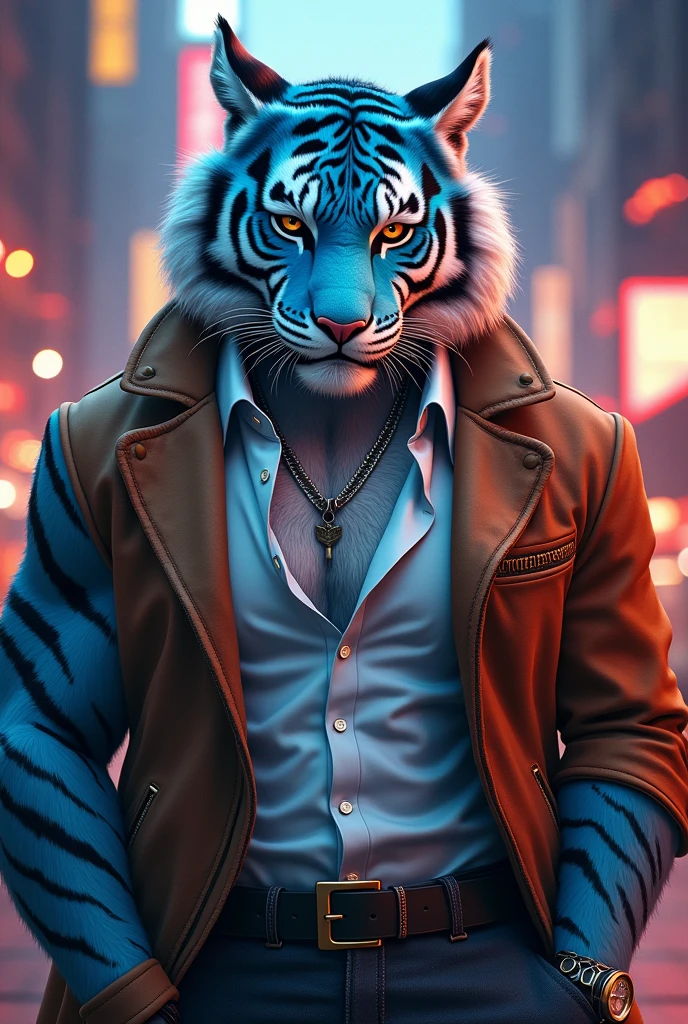 A furry anime tiger (anthropomorphic tiger) muscular with cyan fur a white shirt and a brown jacket