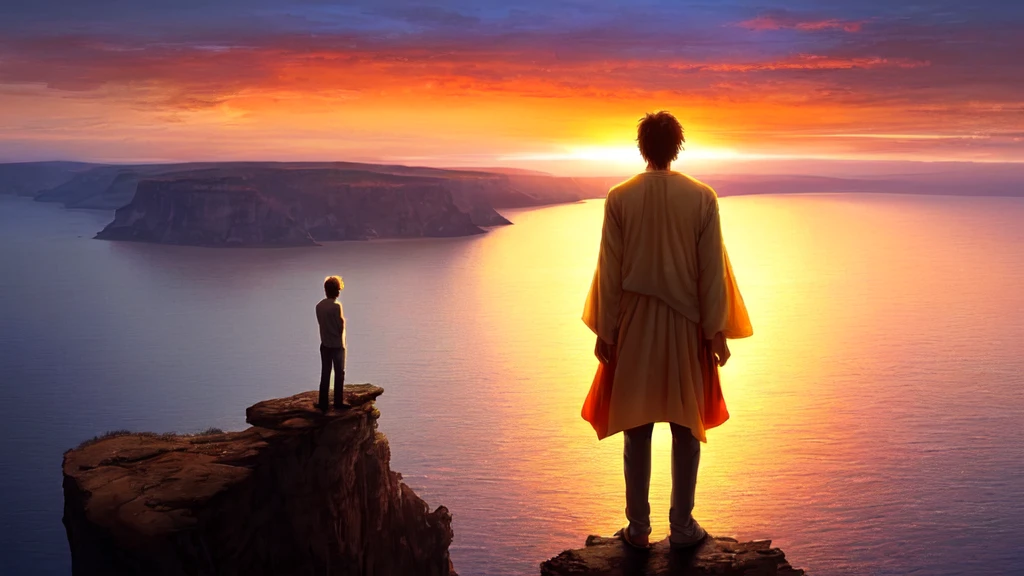 A warm and inviting final scene where the young man stands on the edge of a cliff at sunset, looking out at the horizon. The sky is painted in vibrant colors, with the sun dipping below the horizon. Below him, the landscape is bathed in a golden light. He is smiling, peaceful, and content, symbolizing his journey to inner peace. The image evokes a sense of closure and harmony.