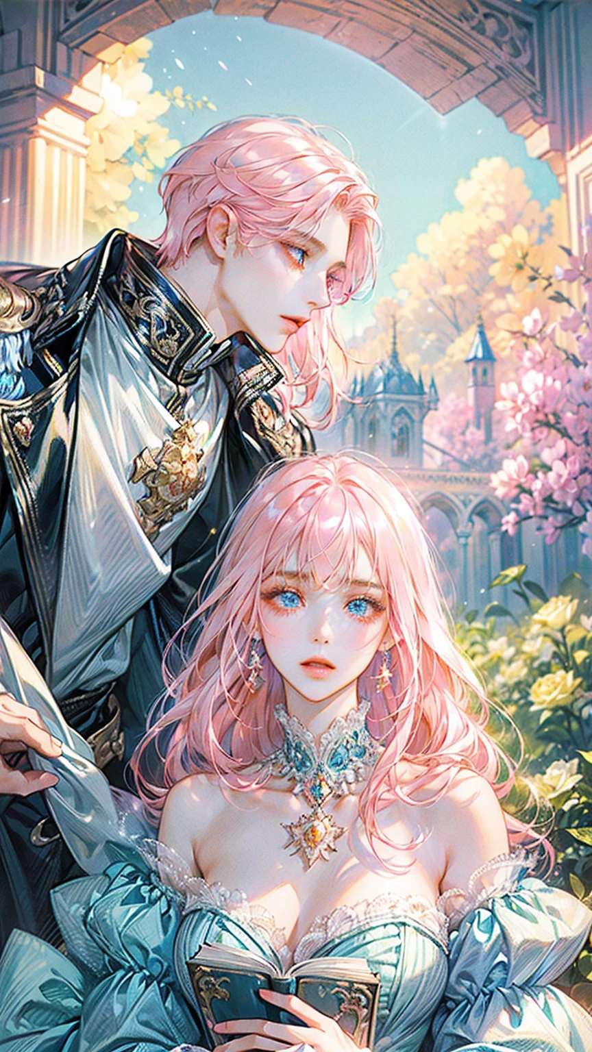 ((best quality)), ((masterpiece)), ((Romance Fantasy)), ((illustration)), (detailed), (clear), 1 woman, beautiful, pure, calm, long pink hair with bangs, white skin, Sapphire blue eyes, abundant eyelashes, Deep double eyelids, pretty lips, A gorgeous and rich pink dress, Reading a book, rose garden, Sunny weather, dazzling sunlight