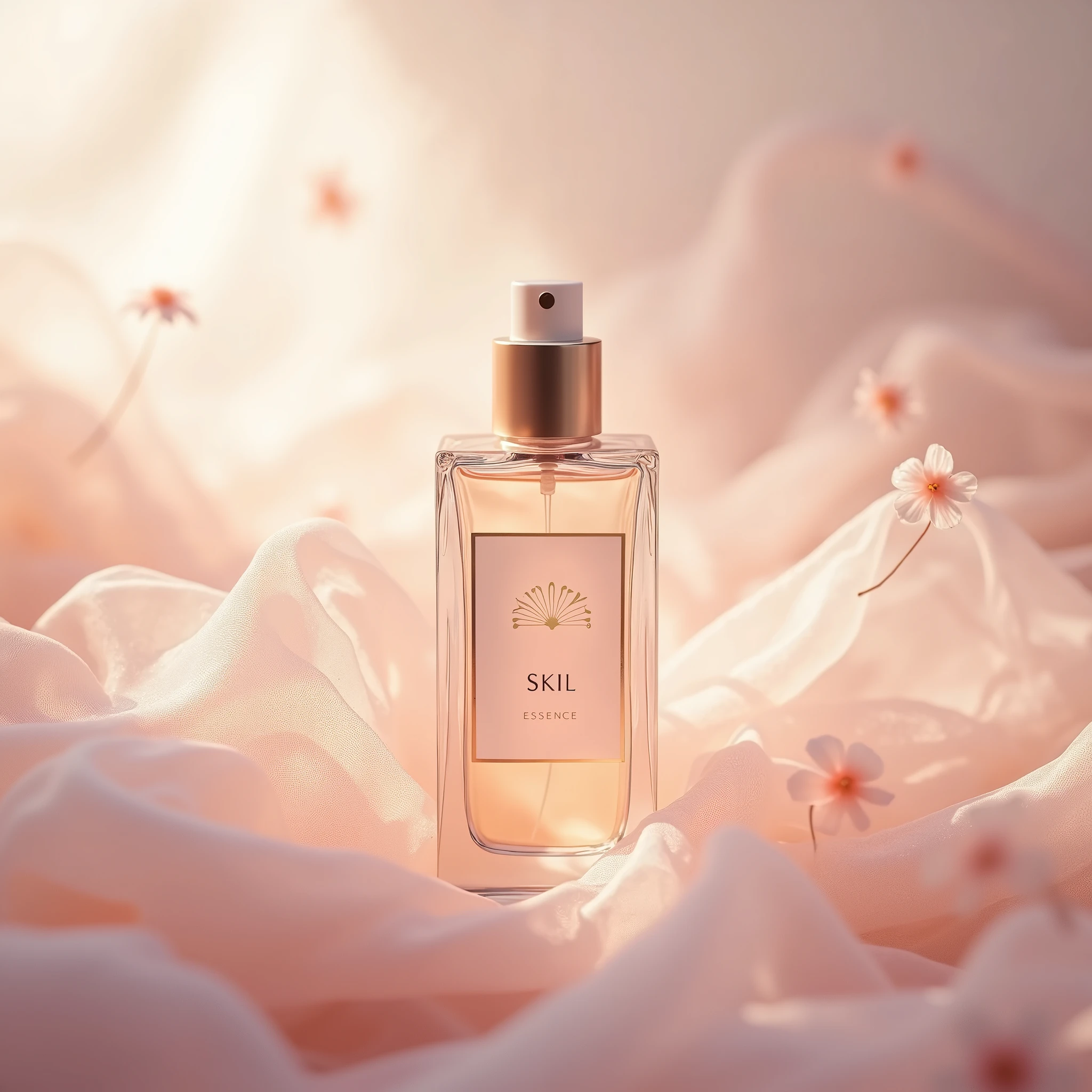 Pink series Commercial photography , SKIl essence bottle , tulle fluttering in the wind , delicate texture , minimalism , romantic tone , translucent , beautiful , graceful lines , naturalrealistic photography , high resolution , fine details ,8k --s 50