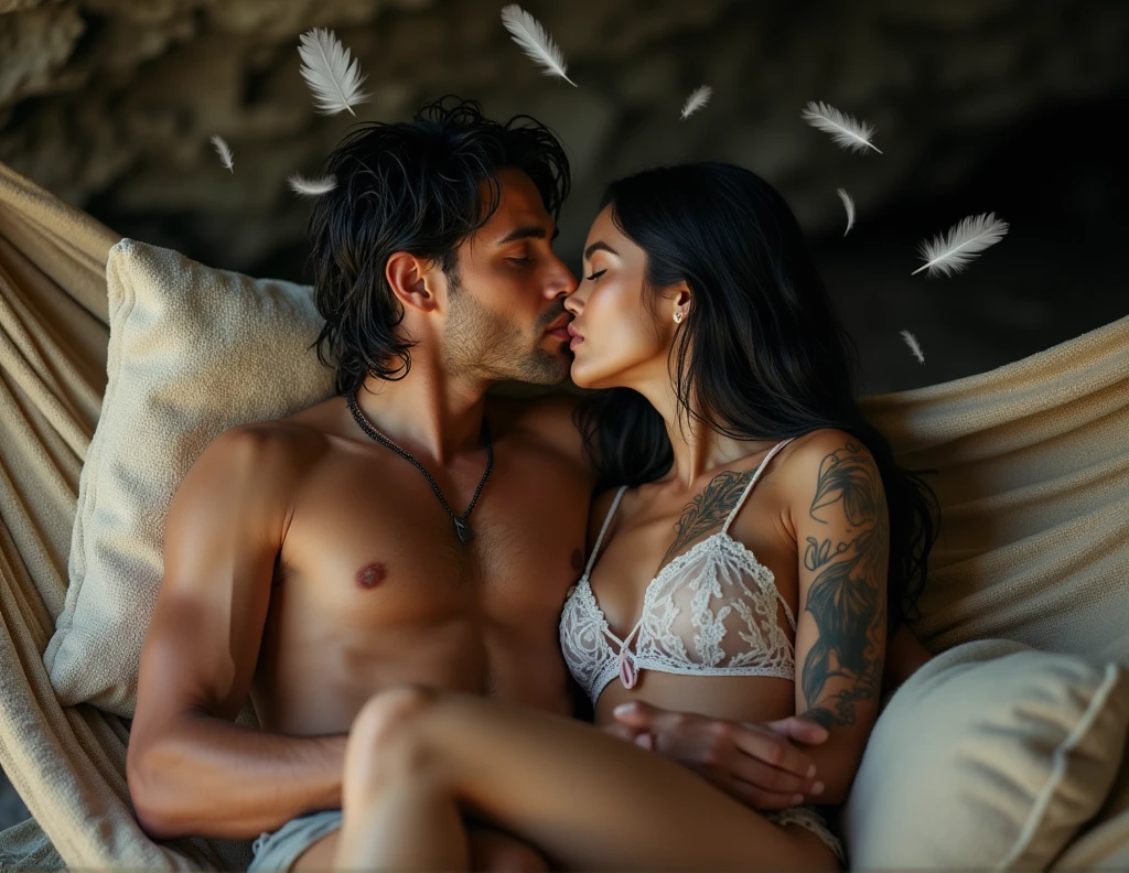 Long shot full view of a liberal naked couple sitting in a hammock with comfortable cushions kissing inside a cave with falling feathers, hombre desnudo con musculatura cabello negro humedecido ojos grises seductive look labios carnosos earrings piercing tatuado besando en abrazo a mujer desnuda, delicate woman, model face,diamond shape, grey-blue eyes, black shadow, seductive look, long black hair with pink and white highlights, SEPTUM,earrings, tattooed the two nudes without clothes making love