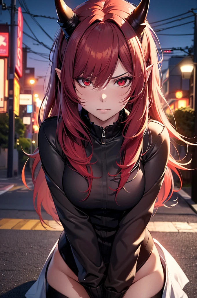 (best quality,4k,8k,highres,masterpiece:1.2),ultra-detailed,(realistic,photorealistic,photo-realistic:1.37) tsundere red haired succubus with a disgusted look on her face, imp tail, horns, sexy outfit, beautiful, modern day city, night time