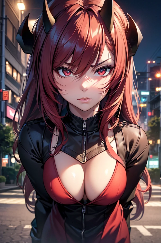 (best quality,4k,8k,highres,masterpiece:1.2),ultra-detailed,(realistic,photorealistic,photo-realistic:1.37) tsundere red haired succubus with a disgusted look on her face, imp tail, horns, sexy outfit, beautiful, modern day city, night time