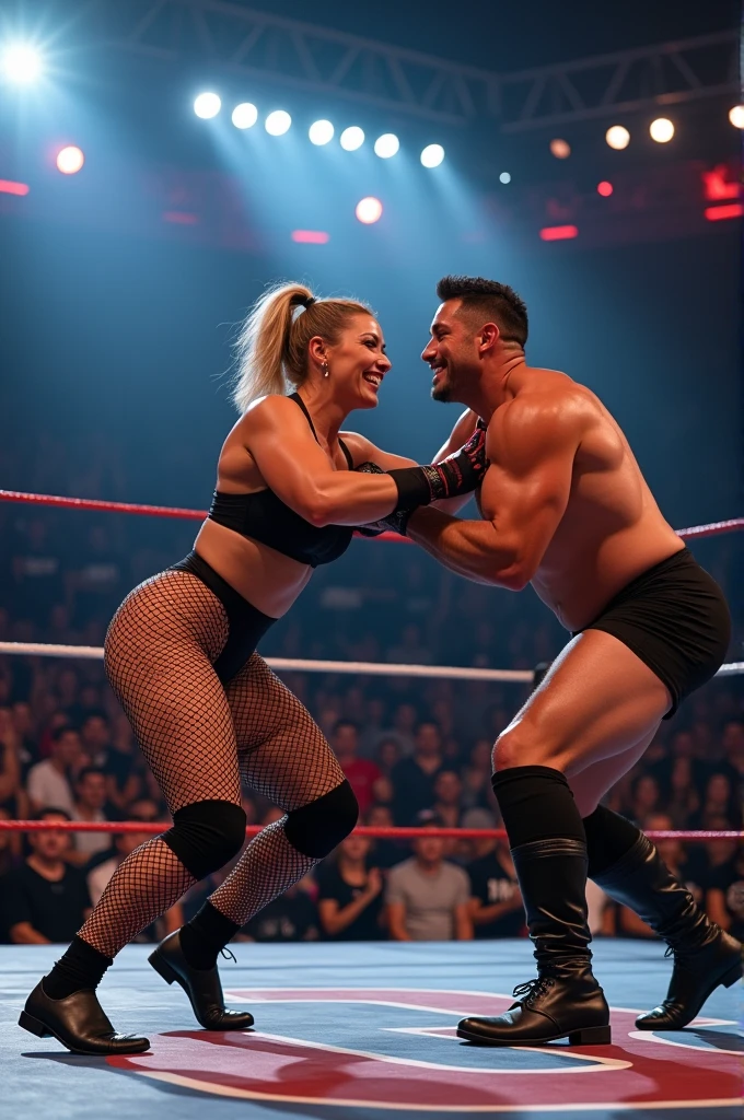 lambada,Sexy 50 years old fat busty fishnet tights body builder　biggest woman wrestling  man  ,full body