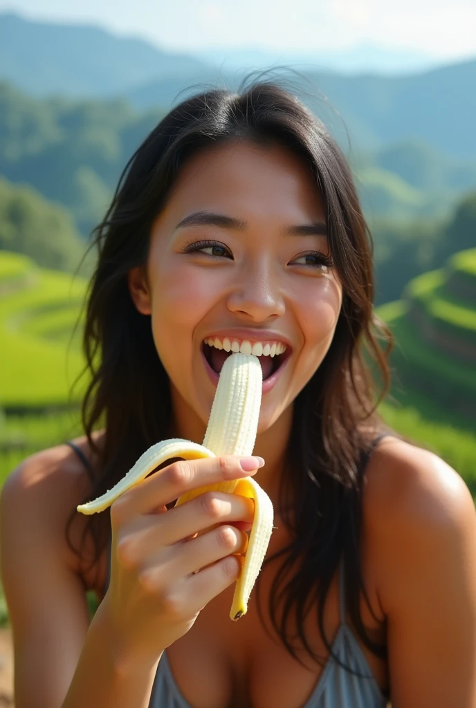 A beautiful Indonesian woman in her 30s、Looking deliciously forward、To the men in front、A sexually satisfied, ecstatic expression、With an erotic look、Open your mouth wide and eat a peeled banana、eating。Background、Please recommend a famous tourist spot in Indonesia.。9:In 16 sizes、Highest quality、I want a masterpiece