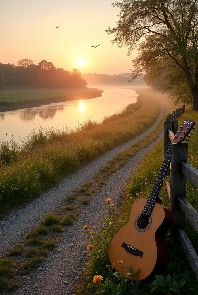 Create an image that includes a calm river with a sunrise in the background representing peace and connection with the homeland. You can include images of a countryside or rural landscape accompanying symbols of nostalgia such as an old road or a guitar.