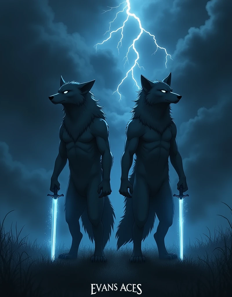 anime, 2 wolf stand near like horror, lazer katana, mistrious fog, dark night, 8k, hd, sky lightning, text in bottom Evans Aces