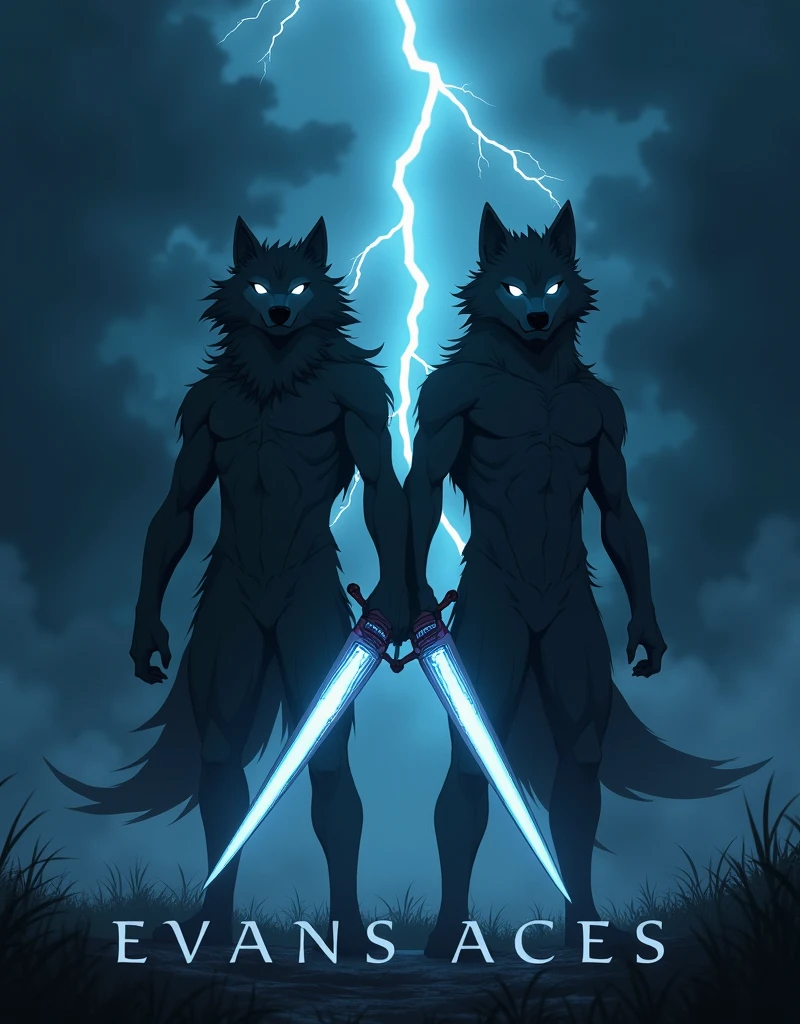 anime, 2 wolf stand near like horror, lazer katana, mistrious fog, dark night, 8k, hd, sky lightning, text in bottom Evans Aces