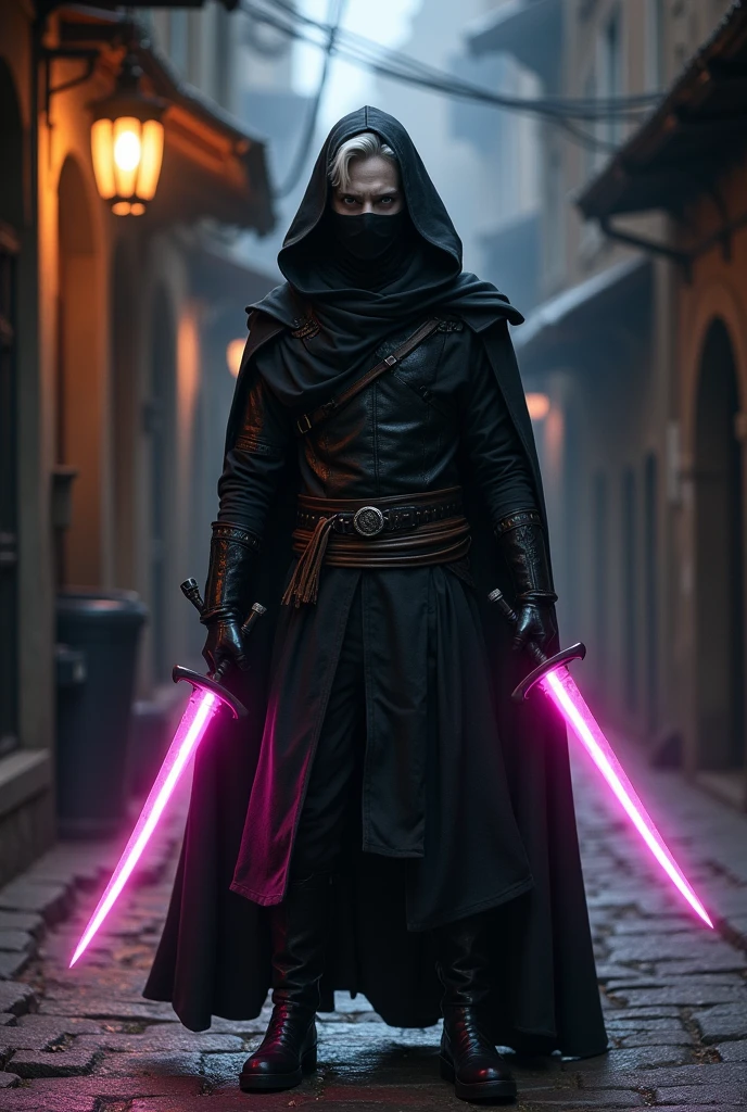 dnd, dungeons and dragons, lightfoot halfling, rogue, short, assassin, psychic, solo, single person, pale white skin, short wavy black hair, light grey eyes, handsome, male, skinny, (photorealism:1.2), black leather armor, black cloak, mask covering nose and mouth, pink ethereal knives in both hands, magic, ((masterpiece, best quality)), trending artwork