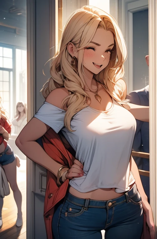 A playful moment captured between a young adult and their attractive, youthful mother. She, a MILF with a fit physique and vibrant smile, stands in the doorway of a sunlit kitchen, wearing a form-fitting white t-shirt and a pair of denim shorts that accentuate her toned legs. Her wavy hair cascades down her shoulders as she leans against the doorframe with one hand, while the other playfully lifts the hem of her shirt to flash a glimpse of her lacy red bra. The son, slightly embarrassed yet amused, is caught mid-laugh, holding a slice of pizza in one hand and a soda in the other, standing across the room at a comfortable distance. The vibrant living room behind him is filled with the warmth of a casual family gathering, evidenced by the assortment of snacks on the coffee table and the sound of laughter and chatter coming from off-