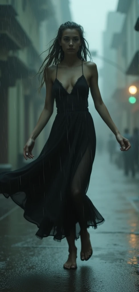 Realistic photo, low-angle, wide-angle , front view, beautiful a girl wearing a black dress dancing in heavy rain, the background of the scene is slightly blurry and gray, vague, vintage feel, analog,