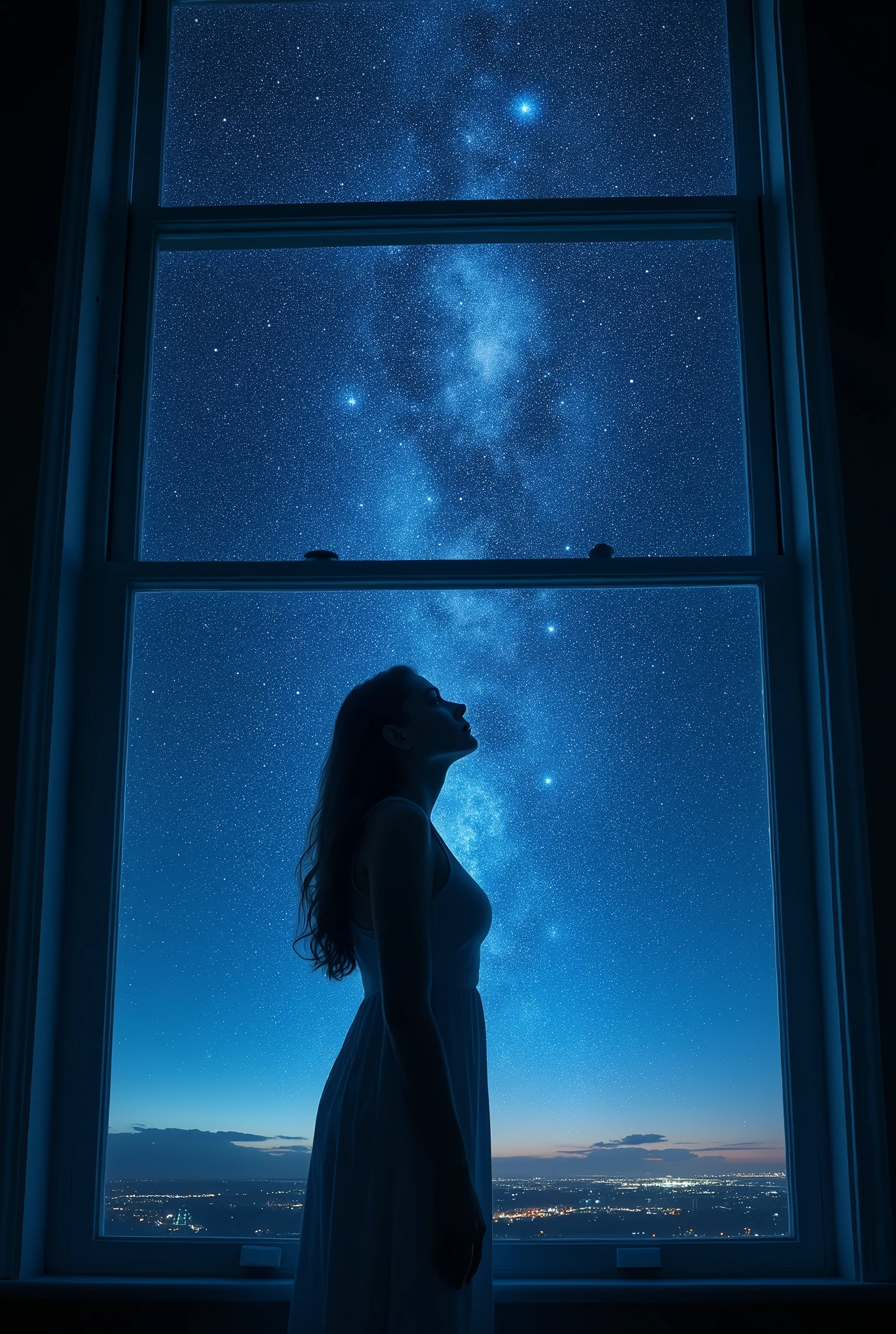 "Create an award-winning, semi-realistic image that emphasizes the breathtaking, luminous starry sky as seen through the window of a dimly lit room. The focus is on the vast expanse of stars, which shine with an almost magical luminosity, casting a soft, ethereal glow into the room. The city below is without electricity, allowing the stars to fill the sky with extraordinary clarity and brilliance, free from light pollution.

A beautiful female is visible in the foreground, her silhouette gently illuminated by the celestial light streaming through the window. Her serene gaze is directed upward, captivated by the radiant display of the night sky. The window frames the starry heavens, creating a striking contrast between the quiet, shadowed interior and the vast, awe-inspiring universe outside. The image should convey a sense of wonder and tranquility, with the magical luminosity of the stars filling the scene with an otherworldly light, creating an atmosphere of peaceful reflection and connection with the infinite."