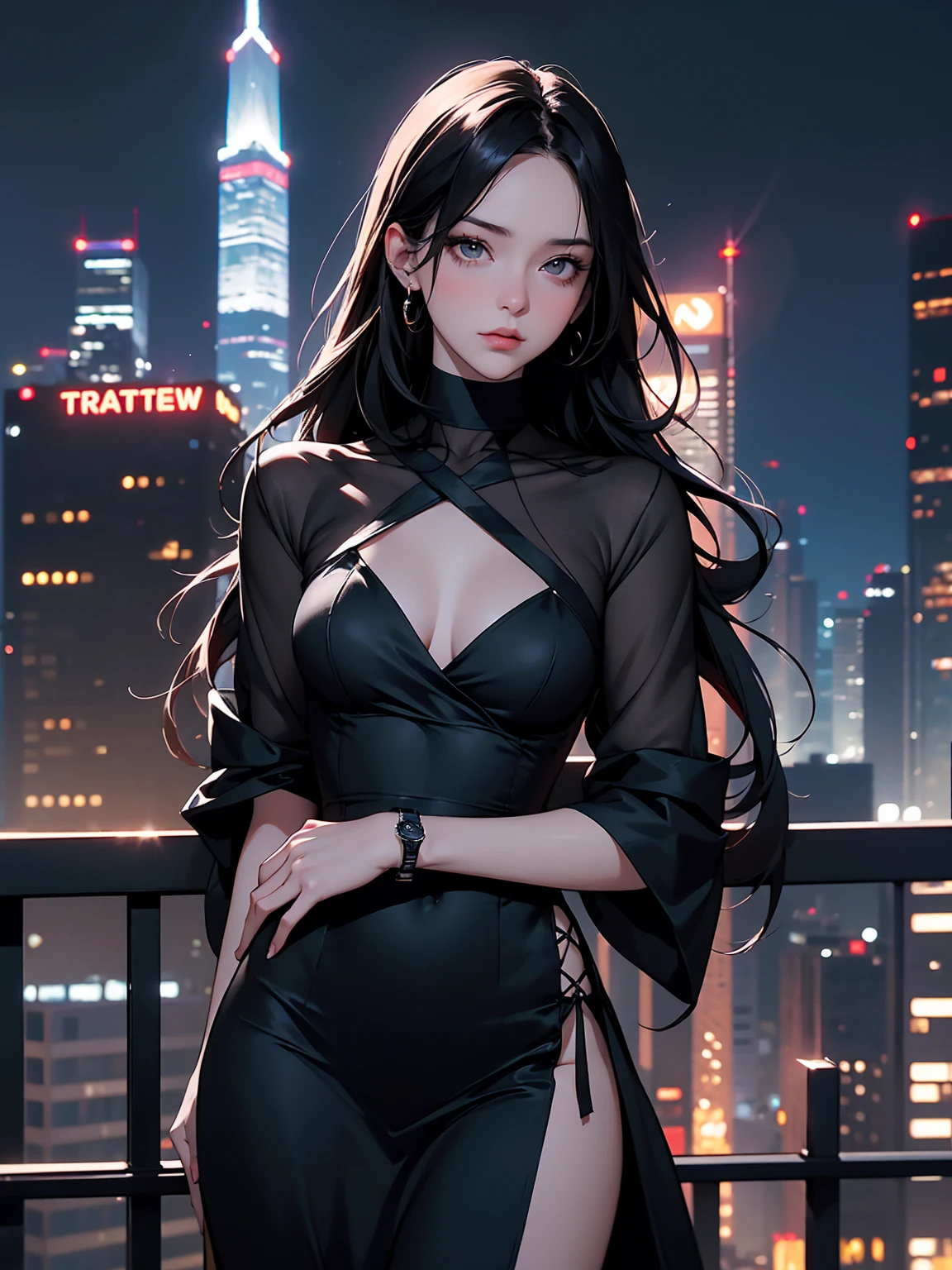 1 woman, mafiosa, mysterious, elegant, long hair, red lipstick, pretty, Long black dress, suit, movie