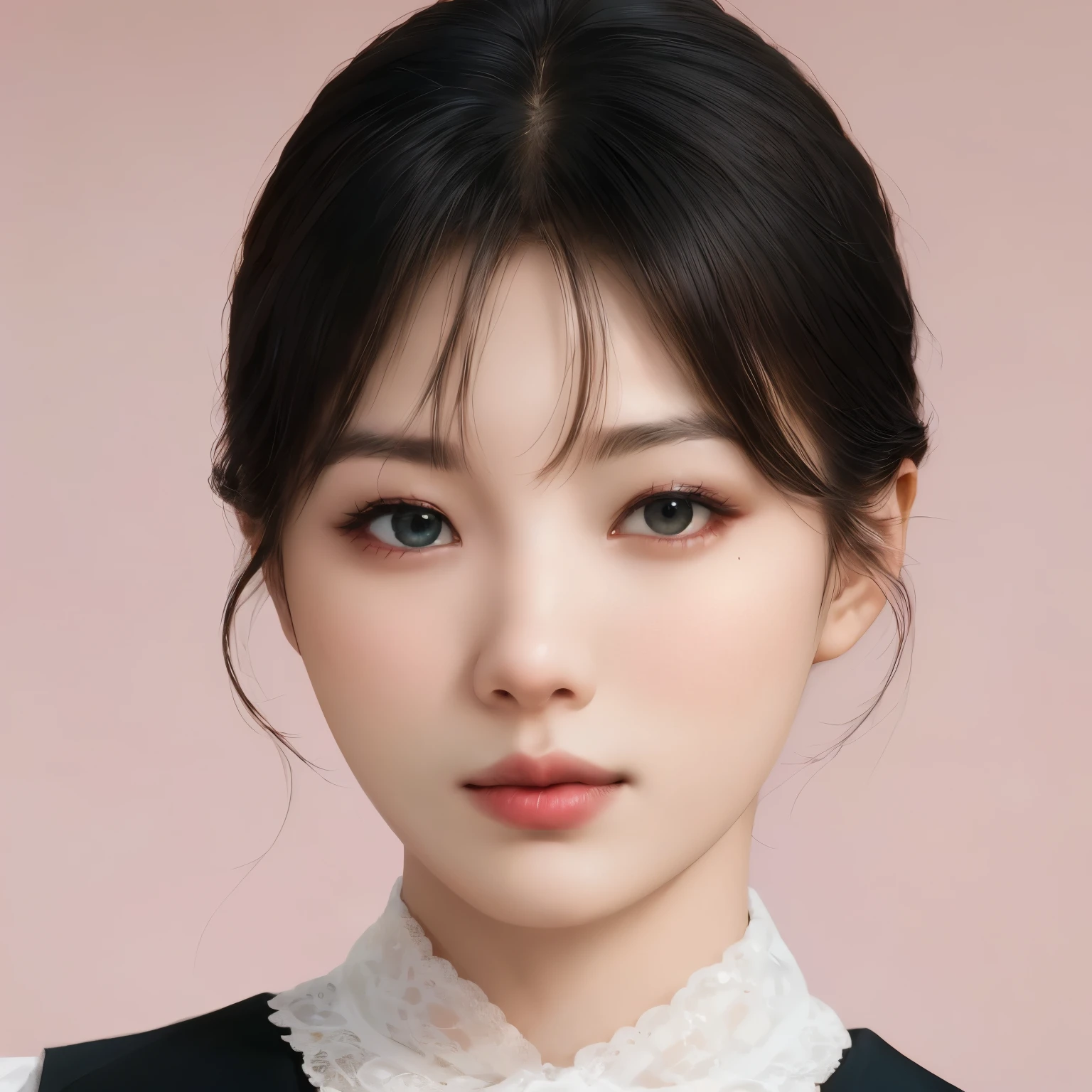 pink background, hyper realistic lifelike texture dramatic lighting unreal engine trending on art station, suspicious photo, Nikon RAW Photos,8 thousand, Fujifilm XT3,masterpiece, best quality, realistic, photorealistic, very detailed, very detailed 얼굴, alone,1 woman, standing, Fashionable and trendy atmosphere, Advanced makeup products, And a sophisticated look on her face, enlargement, Pink T-shirt, closed mouth, closed mouth술,