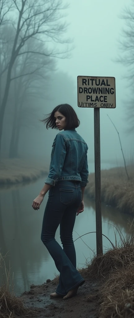 woman, in tight denim jacket, cold weather, information pointer "RITUAL DROWNING PLACE VICTIMS ONLY", flared dark washed faded jeans, stuck in bog, bob-cut, turns around