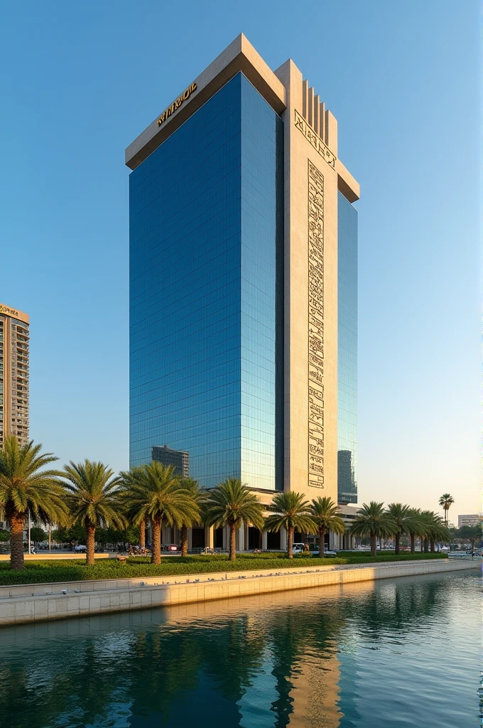 Build a large office building with a large sign on the facade with an Egyptian name near the Nile River