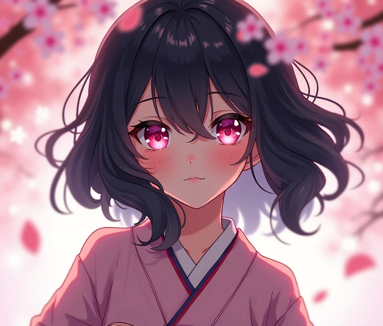 One person, Japanese style,anime, anime風, Character portrait,Black Hair, Pink eyes,