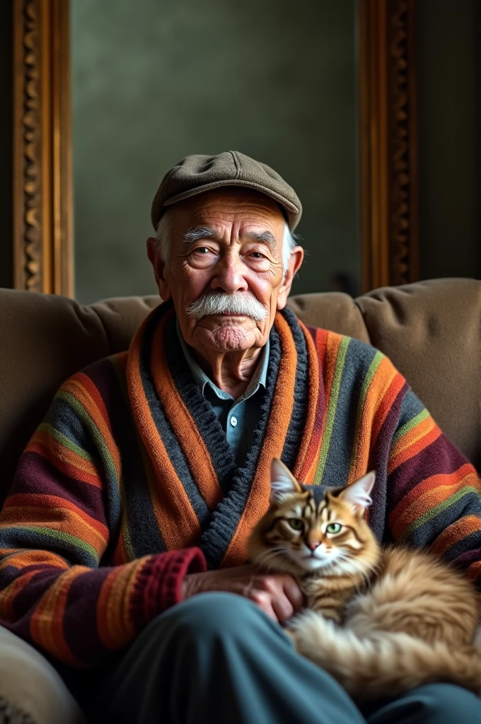 87 year old bald grandfather, with a cap that is too small for him . Moreno with a mustache similar to Charlie Chaplin. Dressed in a ruana, sitting on a sofa with a large mirror behind him. Next to the grandfather there is a cat 