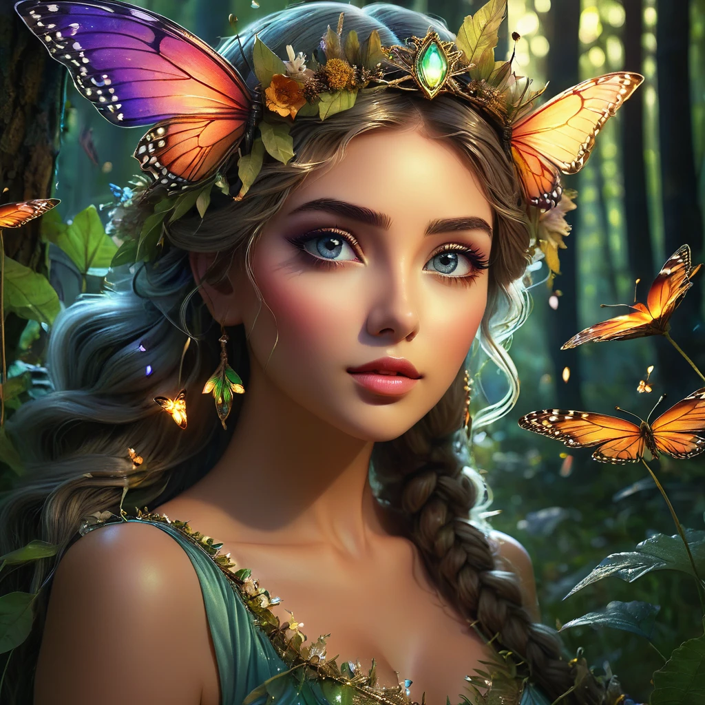 A fairy in a forest, beautiful detailed eyes, beautiful detailed lips, extremely detailed eyes and face, long eyelashes, beautiful young woman, dried flower tiara in her hair, dressed in nature, with leaves and flowers, forest landscape at dusk, splashes of light , fireflies, iridescent butterflies, photorealistic, 8k, highly detailed, masterpiece, cinematic lighting, dramatic lighting, warm color tones, vibrant colors, fantasy art