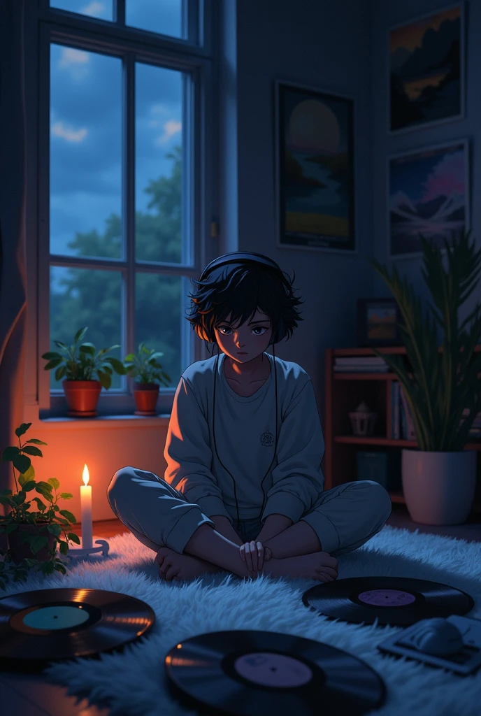 night、Listen to music in a cozy room, Use headphones, 2D Style Anime, Lo-Fi, hard disk, Dark Environment
