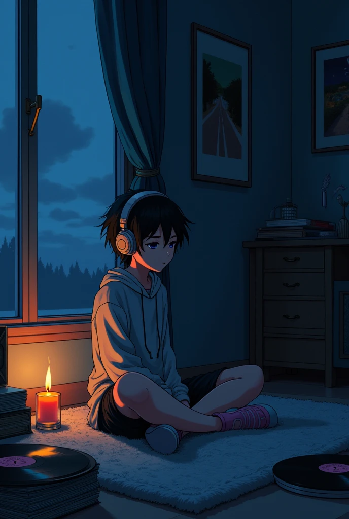 night、Listen to music in a cozy room, Use headphones, 2D Style Anime, Lo-Fi, hard disk, Dark Environment