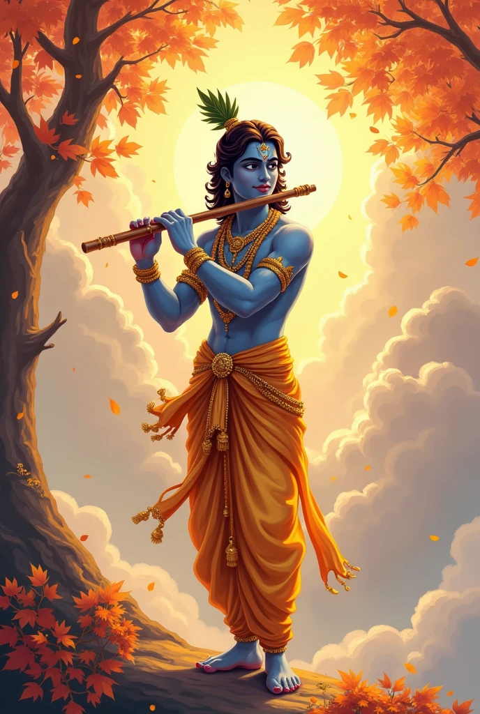 Generate pixel type of Lord krishna in a serene pose, similar to the image provided. The figure will be dressed in golden robes with intricate jewelry. They will be surrounded by glowing light and autumn leaves, set against a soft, ethereal background with clouds and soft light rays. The figure will hold a musical instrument, symbolizing peace and harmony.