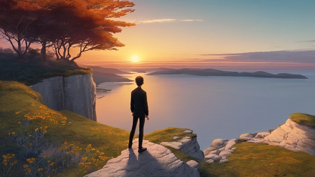 A warm and inviting final scene where the young man stands on the edge of a cliff at sunset, looking out at the horizon. The sky is painted in vibrant colors, with the sun dipping below the horizon. Below him, the landscape is bathed in a golden light. He is smiling, peaceful, and content, symbolizing his journey to inner peace. The image evokes a sense of closure and harmony.