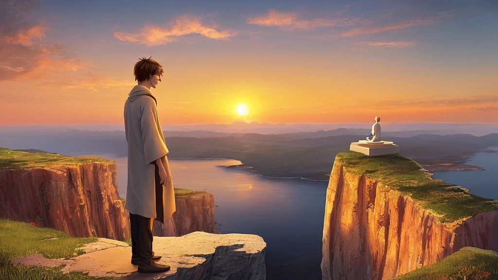A warm and inviting final scene where the young man stands on the edge of a cliff at sunset, looking out at the horizon. The sky is painted in vibrant colors, with the sun dipping below the horizon. Below him, the landscape is bathed in a golden light. He is smiling, peaceful, and content, symbolizing his journey to inner peace. The image evokes a sense of closure and harmony.