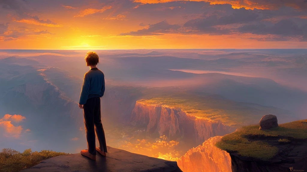 A warm and inviting final scene where the young man stands on the edge of a cliff at sunset, looking out at the horizon. The sky is painted in vibrant colors, with the sun dipping below the horizon. Below him, the landscape is bathed in a golden light. He is smiling, peaceful, and content, symbolizing his journey to inner peace. The image evokes a sense of closure and harmony.
