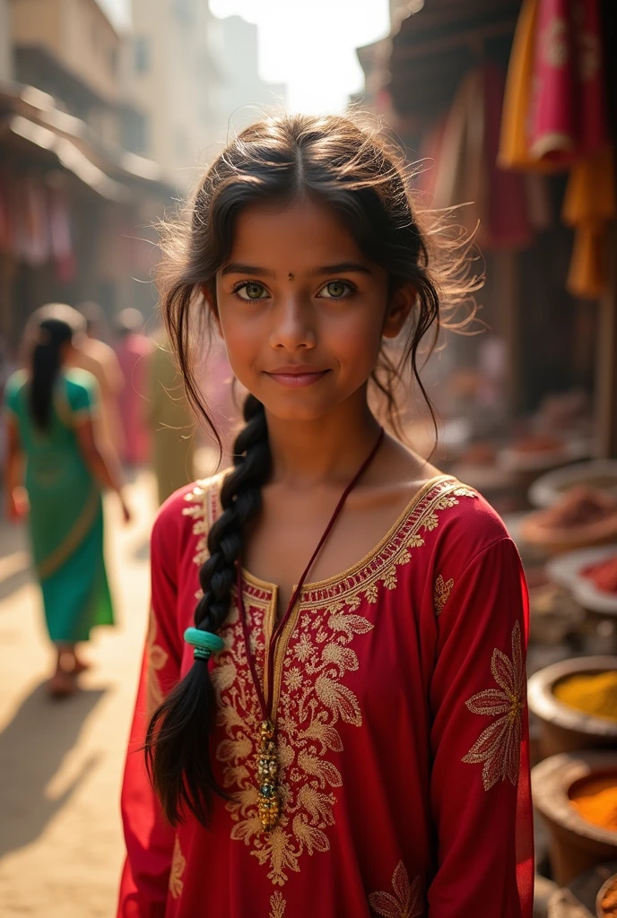 Creat a girl she looks like India and her skin tone is white and she wears a shalwar and suit her eyes color was green